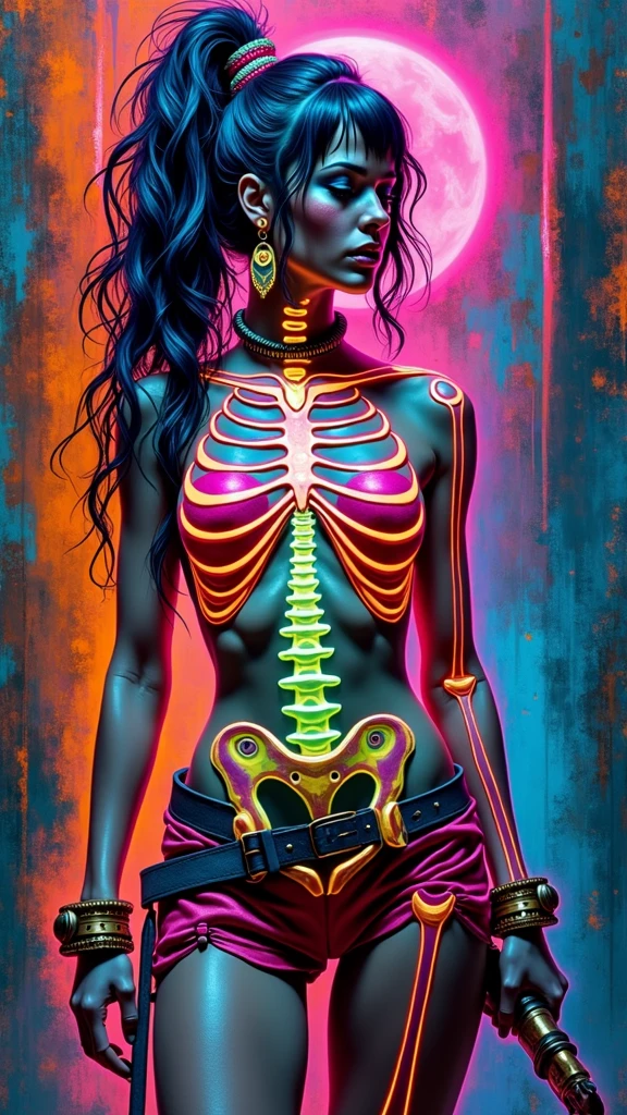 128K UHD, Deep 3D Depth, awe-inspiring abstract art piece features a battle-weary woman warrior seamlessly integrated with an array of vibrant neon colors, hippie patterns, and retro architectural elements. The artist's exceptional skill is evident in the masterful application of thick, impasto brushstrokes, creating a striking three-dimensional effect, with neon glowing lines as the body outline, neon skeletal system, neon skin cells