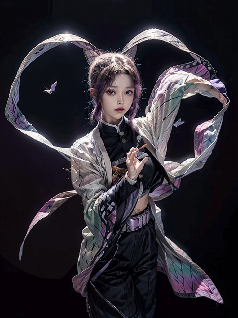 masterpiece, Highest quality, High resolution, One person, alone, kochou shinobu, Butterfly Hair Ornament, Purple eyes, Multicolored Hair, short hair, Parted bangs, Haori, Wide sleeves, Long sleeve, Black trousers, Black jacket, belt, Cowboy Shot, Have a weapon, sword