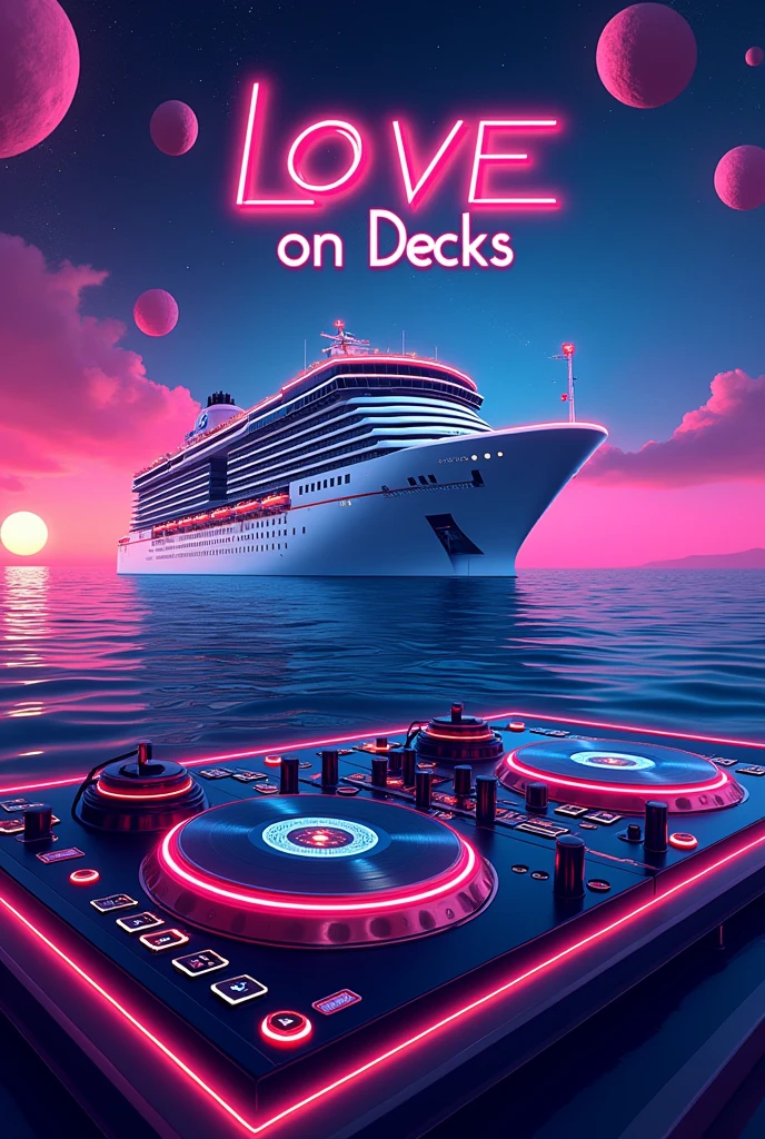 I need an 80s themed Artwork as a poster without people for a Club event which is called LOVE ON DECKS, the name is a pun including the cruise ship and the DJ turn tables 