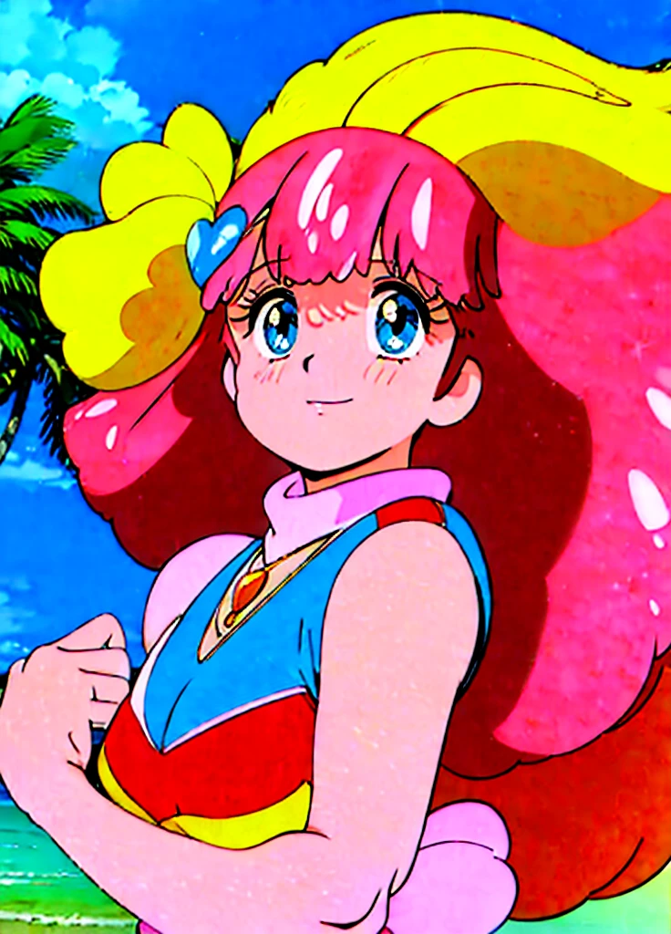 Retro art style、watercolor、(masterpiece、8k wallpaper、Highest quality)、(Best lighting、Best Shadow, Very delicate and beautiful)、Very detailed、Intricate details、colorful、Rich colors、 Upper Body Shot、Side light、Vanishing Point、Global Illumination、Near and far、Dynamic pose、Dynamic Angle、 One Girl、alone、(Fuller lips:0.8)、cute、mature、Beautiful woman、 I,Highest quality,High resolution,Laughter,blush,Magical I、Studio Crown、1980s \(画Wind\), One Girl, Traditional Media 、Wind、Swimwear、summer, Ocean, Beach、bikini、Tropical Island々、sun、Resort、Sandy Beach、Palm tree