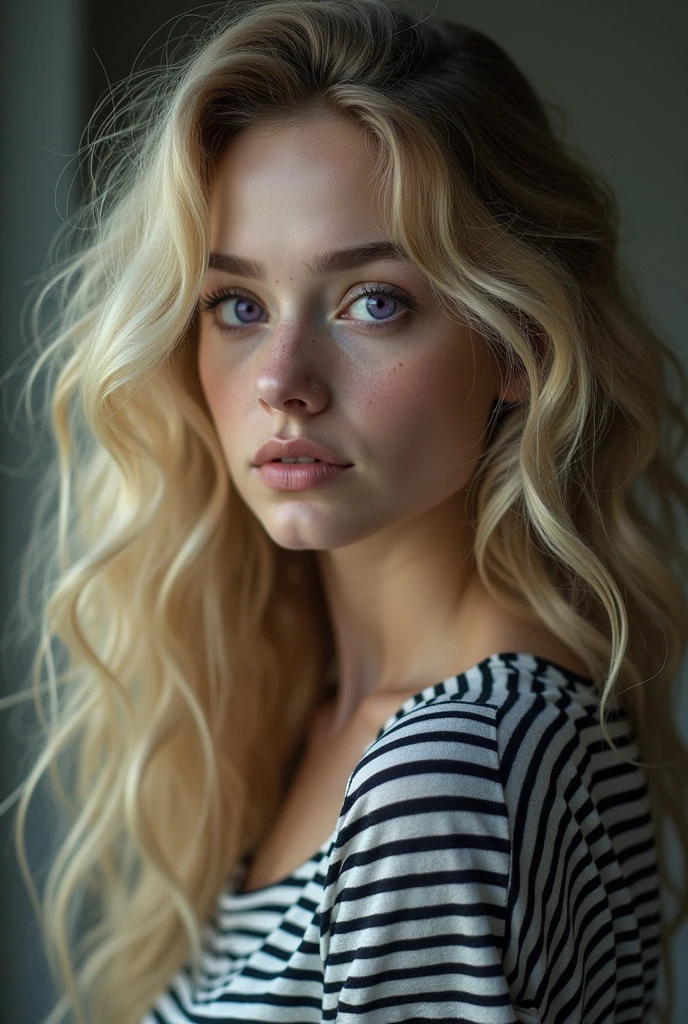 Beautiful woman with long curly blonde hair, purple eyes, long nose and freckles wearing a black striped t-shirt