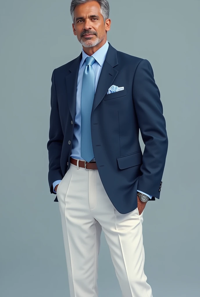 An indian man in navy blue dress coat powder blue shirt white pants and black and light blue tie