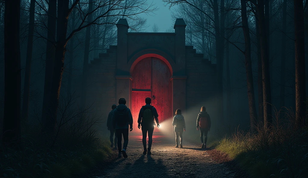 A group of teenagers, with flashlights in hand, approach the 'Bloody Door' at night. The surrounding forest is dark and silent, with the old, rusty gate looming in the background."