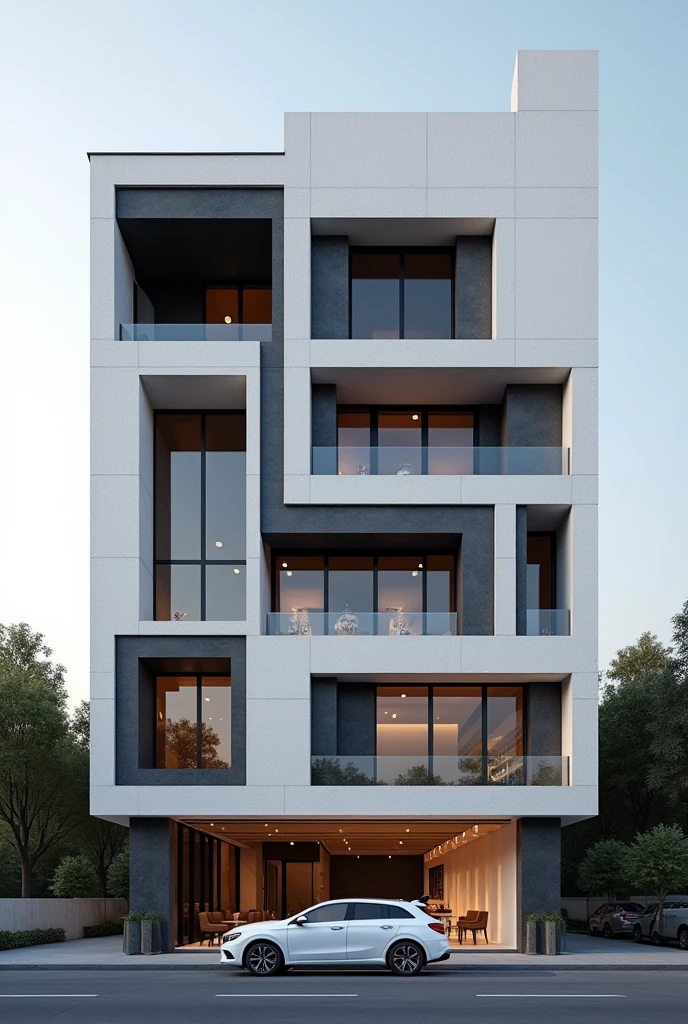 ((best quality)), ((masterpiece)), (detailed), perfect facade architecture , restuarant facade architecture , contemporary bauhaus exterior view , high qulity rendering architecture ,sunny  day ,  , 6th floors , white and black  stone material , in the city in tehran , a car parked in front of the building ,  high detail , modern architecture , bauhaus facade architectur , commercial restuarant facade architectural 
