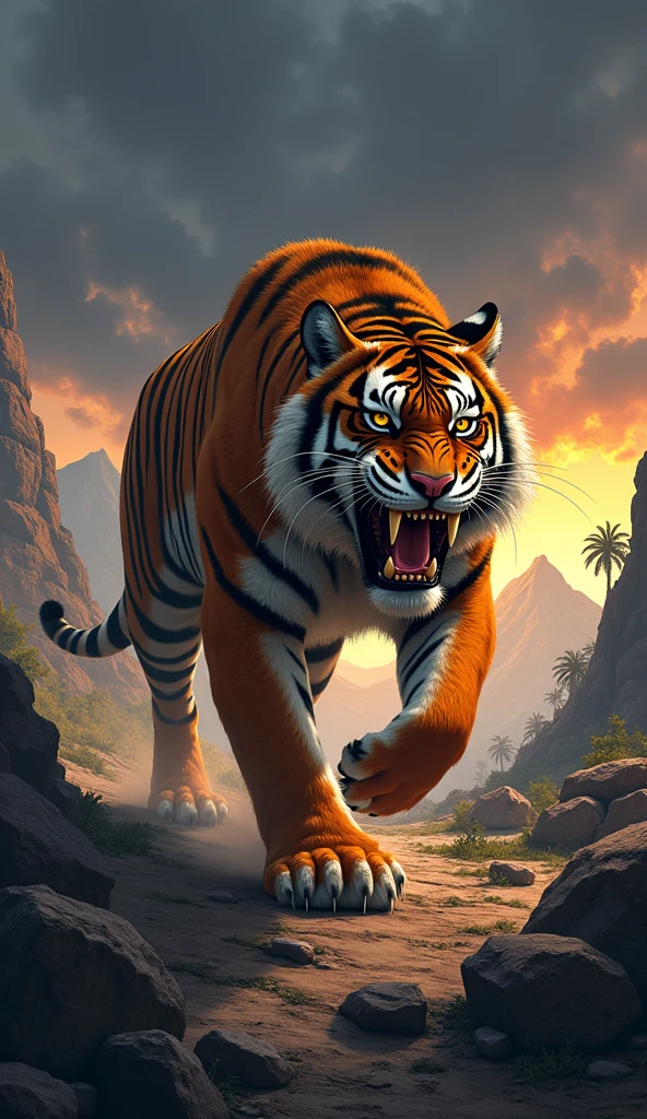 The image is a digital illustration of a saber-toothed tiger walking on a rocky terrain. The tiger is facing towards the right side of the image, with its mouth open wide, revealing sharp teeth and sharp claws. Its fur is a mix of orange and black stripes, and its eyes are a piercing yellow. The background is a dark, cloudy sky with a hint of orange from the setting sun. The ground is covered in rocks and boulders, and there are a few trees and mountains in the distance. The overall mood of the illustration is fierce and powerful.