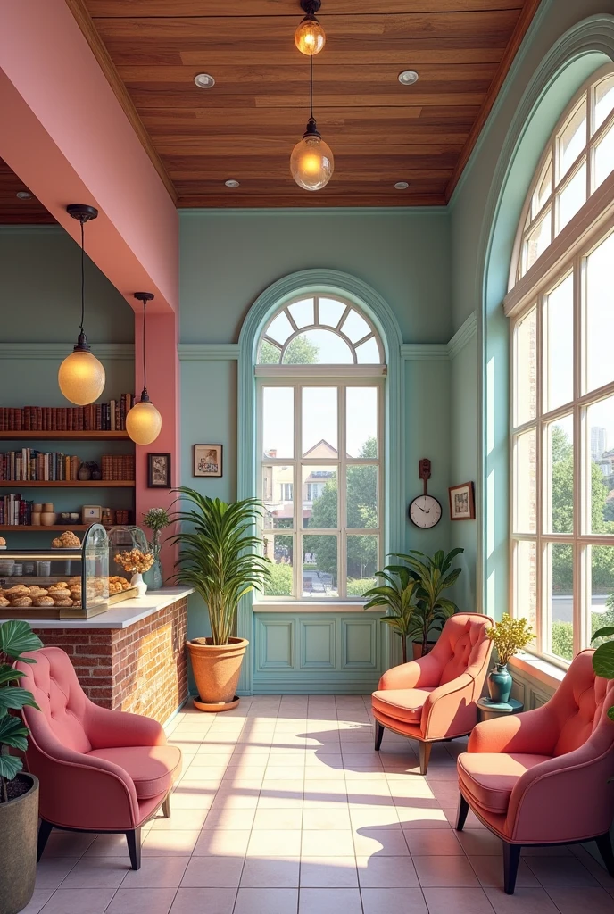 A huge pink and blue bakery with a leisure and study space, show more, rustic, place of study