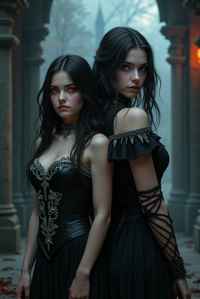 Create a book cover in the style of the game Chapters, featuring two female characters in a semi-realistic style. One is a vampire with a slim, curvy figure, pale skin, and long, wavy black hair. Her bright red eyes and sharp expression convey power and mystery. She wears a dark, gothic dress with silver details. Beside her is a younger girl with an athletic build, shoulder-length blonde hair, and a surprised, slightly frightened look. The background shows a dark, ancient castle with dramatic lighting, casting shadows to highlight the contrast between the vampire's elegance and the girl's vulnerability.