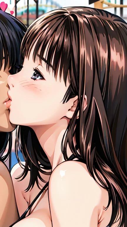 (High resolution),(High resolution),(High resolution),(8k), One person, Yoshizuki_Iori、(((Amusement park date))).(((blush))).smile、Browsing Caution、((Large Breasts))、Heart symbol、Color、(((kiss)))