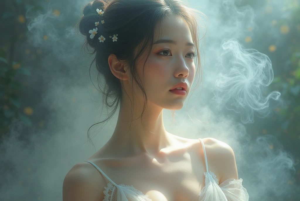 A painting of an Eastern woman made of smoke,Beauty, Clear skin texture,(Sweaty body stockings:1.2),Beautiful posture,Ultra-high-resolution photos