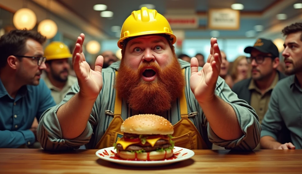 a very fat man, with construction helmet, he is sitting in a diner with a big hamburger on his plate, he's wide-eyed, he has a medium red beard, (he has his hands open with the palm facing up making the shrug expression:2.0), (shrug:2.0), he is red with shame, his face and beard are dirty with ketchup and mustard, people are outraged behind him, realisitic, epic scene, ultra detaild, detailed ambient,