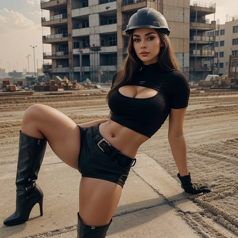 Generate full body photography of Evgeniya Donetsk, the stunning brunette influencer. She should appear in her mid-20s, approximately 5'5" tall, with long, wavy chestnut hair that falls gracefully on her shoulders. She has an athletic hourglass figure accentuated by her full bust. Her complexion should be flawless, with a warm, sun-kissed tan. Evgeniya's expressive brown eyes should radiate charisma, and she should have a relaxed and confident demeanor. For this construction worker-themed look, Evgeniya wears a crop top made from the same material as the uniform shirt, revealing her toned midriff. Her short shorts are form-fitting and constructed from the same material as the uniform, showcasing her athletic legs. She dons thigh-high stiletto boots with a construction-worker-boot style, adding a sexy edge to the outfit. A smaller, stylish belt acts as an accessory, hanging loosely on her hips. Evgeniya sports a hard hat with playful stickers and sparkles, positioned at a slightly jaunty angle on her head. She wears fingerless gloves extending halfway up her forearms, made from the same material as her uniform. Her makeup is sultry, featuring smoky eyes and bold lips, enhancing her captivating gaze.Place Evgeniya in a construction site setting, with the backdrop including recognizable construction equipment and a gritty urban atmosphere. Capture her in confident and alluring poses that highlight her hourglass figure, ensuring that the overall tone of the image is super spicy while maintaining the construction worker aesthetic.