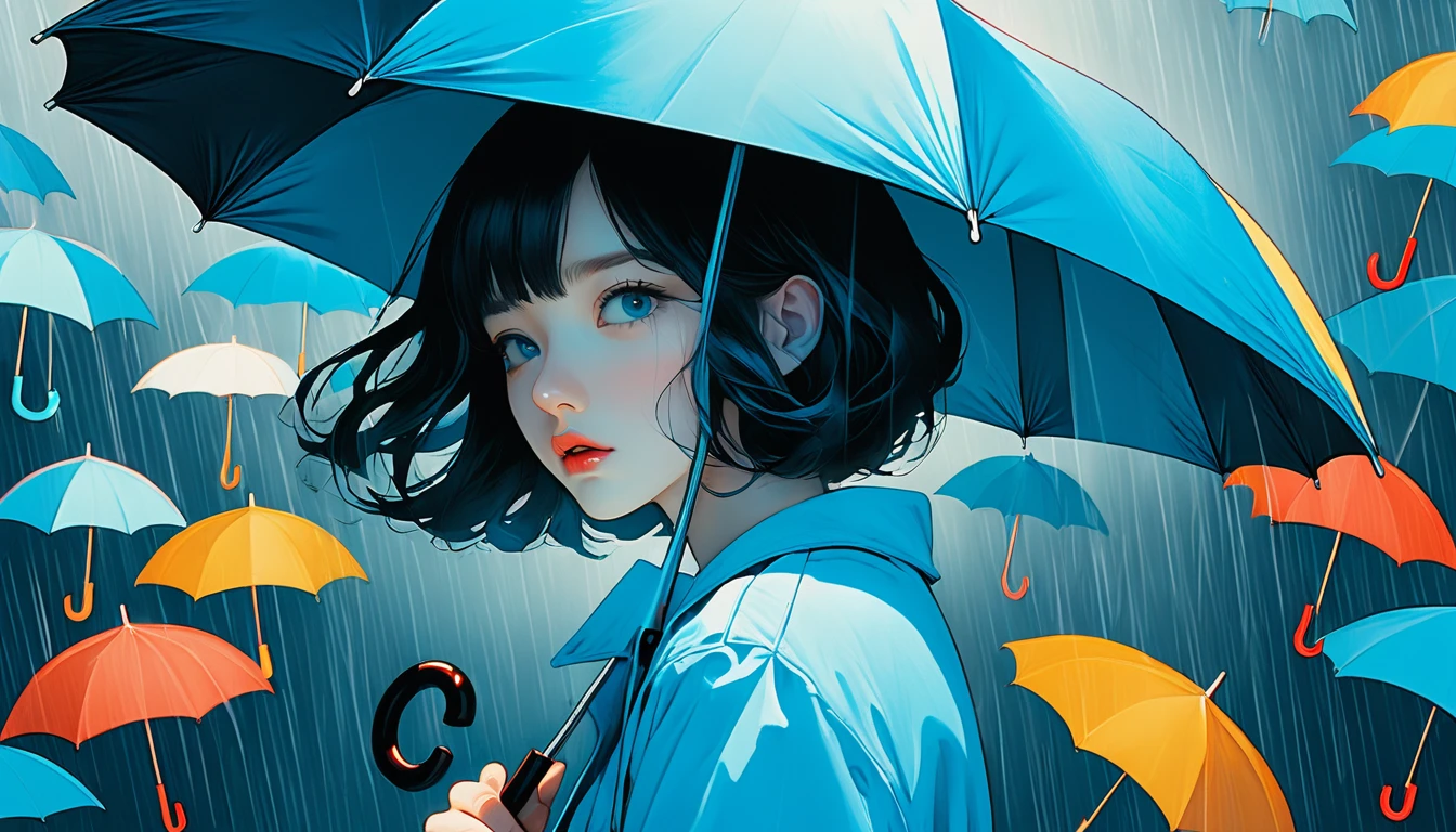 An illustration、art、Overaction、Overreaction、Pretending to be scared、Attention to detail, Realistic shadows、Analog Style, chromatic aberration, Surrealism,The blue world、umbrella