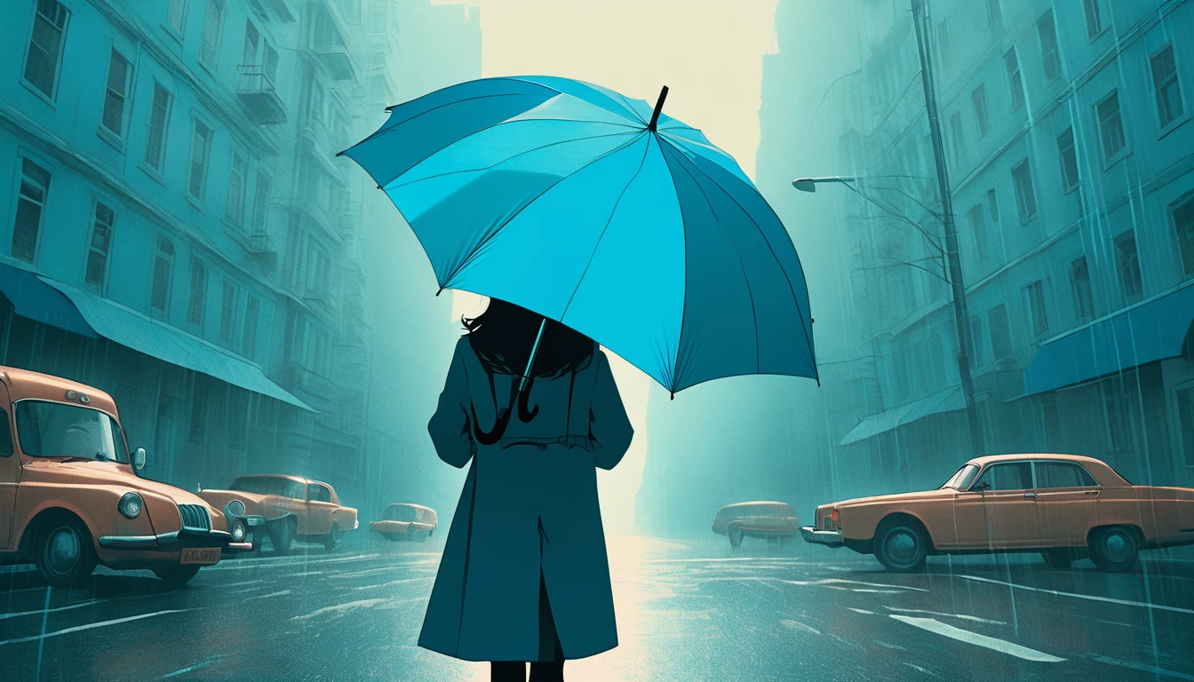 An illustration、art、Overaction、Overreaction、Pretending to be scared、Attention to detail, Realistic shadows、Analog Style, chromatic aberration, Surrealism,The blue world、umbrella