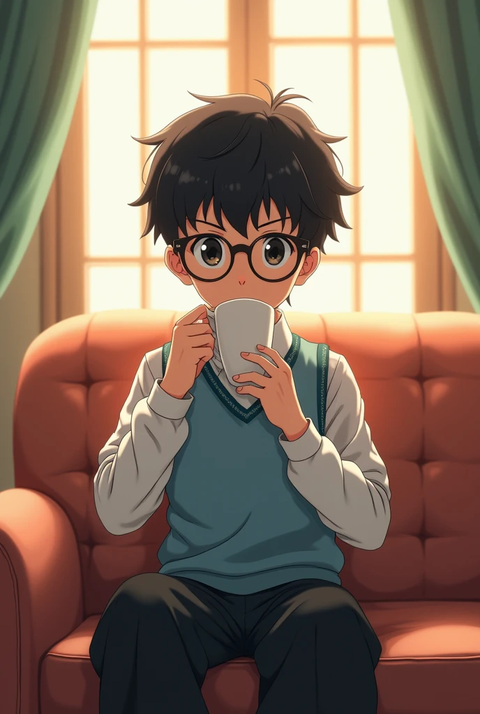 boy anime student , shy, gentle, black curly bangs, black eyes, round glasses, white shirt and light blue wool vest, black wide-leg pants, sitting on the sofa, drinking tea