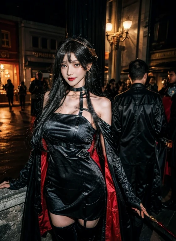 (Highest quality, 4K, masterpiece :1.3), Beautiful woman, Surreal, 1 person,),Ajolf, Side Lock,Short hair and long straight hair, Gold Hair Band, Gold earrings, Gold Hair Ornament, Big Breasts, Exposing shoulders, Black Dress, Double-sided dress with red rose cape, choker, Thigh-high boots, , Fingerless gloves, Thigh-high boots,Slender beauty, (Huge breasts, Attractive body :1.2), Abdominal exercises :1.1, Long black hair 1.1, Highly detailed face, Lip details, Beautiful Eyes, double eyelid, Sexy low neck dress, Open neckline, Twisting waist pose, Visible curves,Muscular, Bent legs, Yugal, masterpiece, Highest quality, High resolution, aaYugalf,Cowboy Shot, Are standing, Looking at the audience, Outdoor, night, (Perfect Anatomy:1.Big Ass, jewelry, Off the shoulder, Black Pantyhose, Cute Smile, Beautiful and bright lighting, Beautiful breasts,Place your hands behind your back,