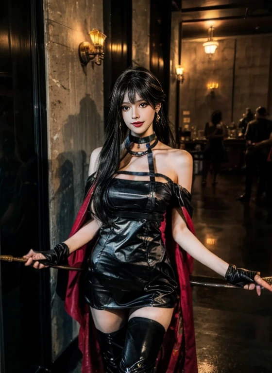 (Highest quality, 4K, masterpiece :1.3), Beautiful woman, Surreal, 1 person,),Ajolf, Side Lock,Short hair and long straight hair, Gold Hair Band, Gold earrings, Gold Hair Ornament, Big Breasts, Exposing shoulders, Black Dress, Double-sided dress with red rose cape, choker, Thigh-high boots, , Fingerless gloves, Thigh-high boots,Slender beauty, (Huge breasts, Attractive body :1.2), Abdominal exercises :1.1, Long black hair 1.1, Highly detailed face, Lip details, Beautiful Eyes, double eyelid, Sexy low neck dress, Open neckline, Twisting waist pose, Visible curves,Muscular, Bent legs, Yugal, masterpiece, Highest quality, High resolution, aaYugalf,Cowboy Shot, Are standing, Looking at the audience, Outdoor, night, (Perfect Anatomy:1.Big Ass, jewelry, Off the shoulder, Black Pantyhose, Cute Smile, Beautiful and bright lighting, Beautiful breasts,Place your hands behind your back,