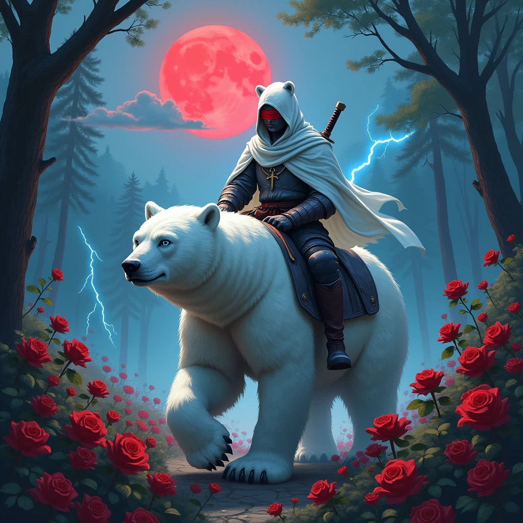 Godlike, in it a male knight with a white hood with bear ears and a katana at his back is riding a polar bear in a forest while the moon shines, many Roses cover the ground and lightning falls from the sky. Only the man wears a red blindfold. The polar bear has shining blue eyes. In the background of the picture is the blood moon.