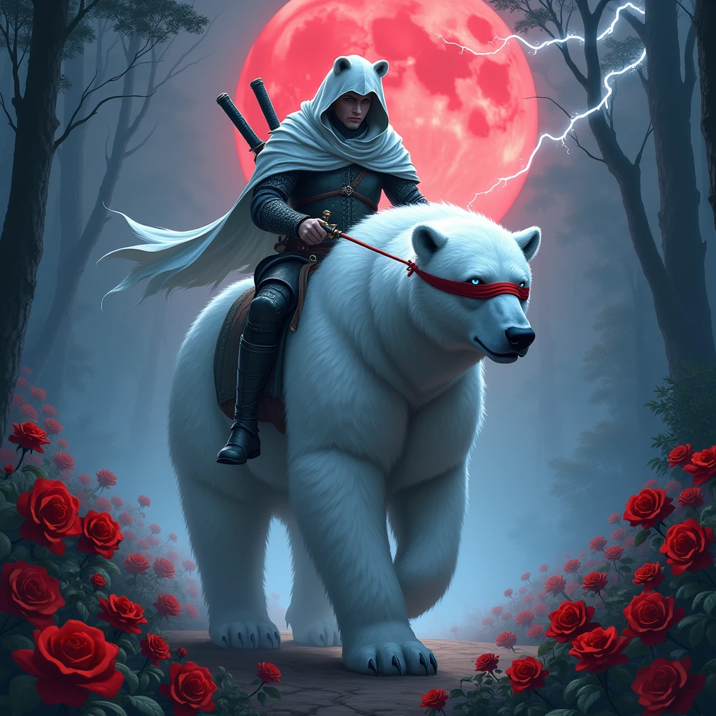 Godlike, in it a male knight with a white hood with bear ears and a katana at his back is riding a polar bear in a forest while the moon shines, many Roses cover the ground and lightning falls from the sky. Only the man wears a red blindfold. The polar bear has shining blue eyes. In the background of the picture is the blood moon.