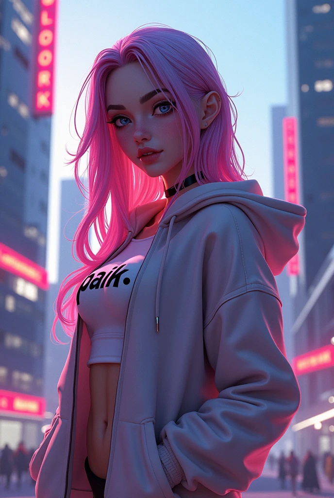Create anime character;
{background: building capital HD text: “GLBK” in center-top, night}, tanned skin,
realistic, HDR, beautiful, korean style, full body, age 20, hoodie HD text: “Paik”, female, color Gradient hair, long hair, boobs size: F