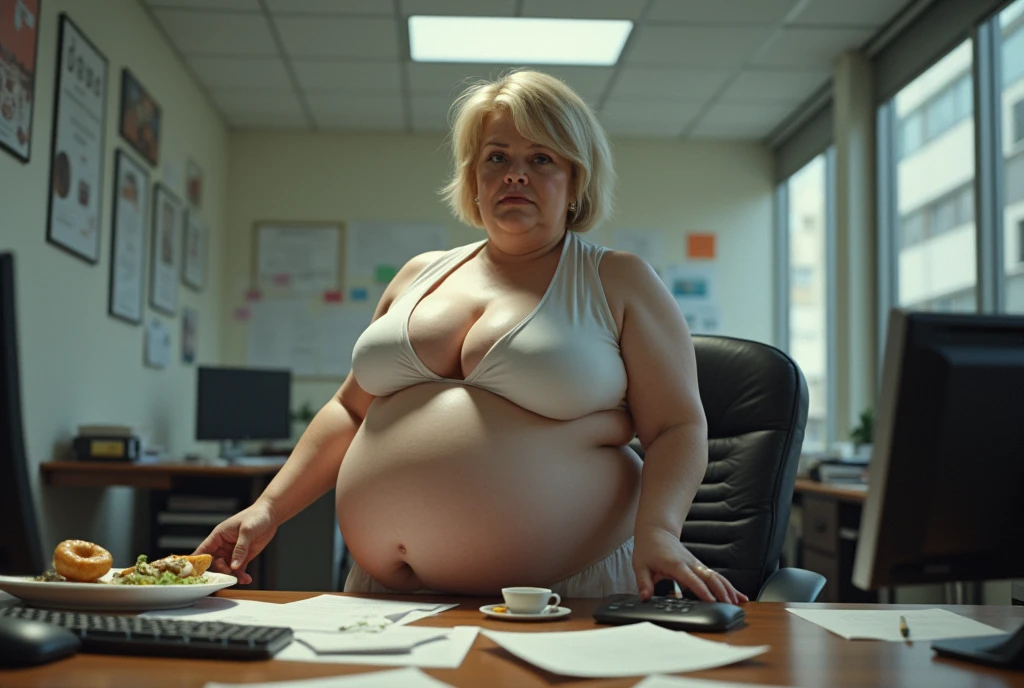 50 years old, A woman with short blonde haire, square cut Real women, she has an hourglass figure, she has a surreal, ??????-like physique, with exaggerated curves that showcase large ???????? and voluminous ???????, she is verry slim

Cadre supérieur
Bureau moderne
Banane
Manger
Bouche pleine
Regard énervé
Concentration
Documents éparpillés
Stress
Écran d’ordinateur
Pause déjeuner