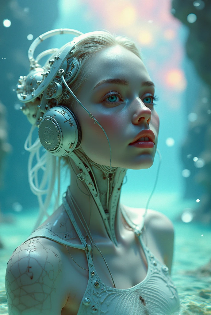 Model shooting style, Wave scenery,Translucent ethereal mechanical beautiful girl,Head above water level,rosy cheeks,Futuristic girl,Mechanical joints,Eyes sharp and looking squarely,perspective looking up,shallow swimming,Close-up of futuristic underwater translucent dragon palace,colorful scene, Beautiful Milky Way in the background,Art bud, shattered glass, ((Bubble underwater scenery)) ,Radiant Octane render in great detail,photography:Brandon Woelfelmist,surreal dreamscape,Surrealist art fantasy style,Epic digital fantasy art style,lute,HDR,Beautiful Sci-Fi Art, Sci-fi digital art illustration, Digital Cyberpunk Art, Science Fiction Digital, Futuristic numbers, Futuristic Concept Art, Sci-fi suspension cyberpunk, Cyberpunk Atlantis Landscape, Science Fiction Digital艺术, 高级Digital Cyberpunk Art, Fantastic cyberpunk girl(best quality,4K,8K,high resolution,masterpiece:1.2), (Practical,Reality,Photo-real:1.37). information,