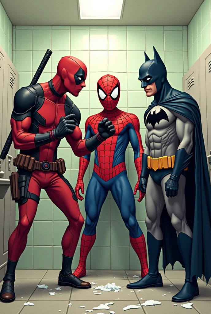 Generate me an image of the character deadpool, Batman Spiderman and Batman doing their business in the toilet