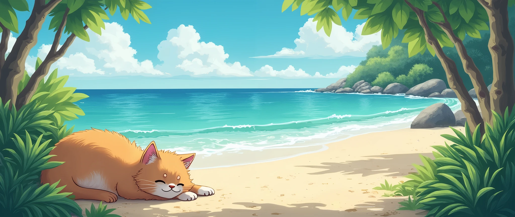Cat, Cozy , Anime ,Lofi ,Ultrawide , Ghibli vibes , Wide view ,Beach
