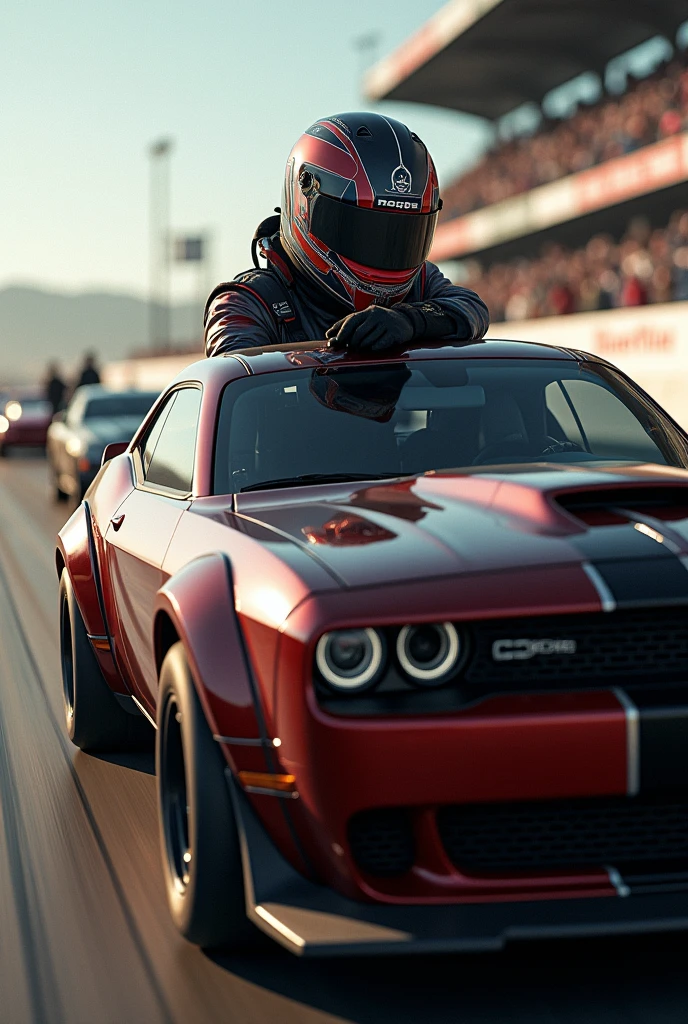 attiute driver who wearing helmet with a dodge challenger 



