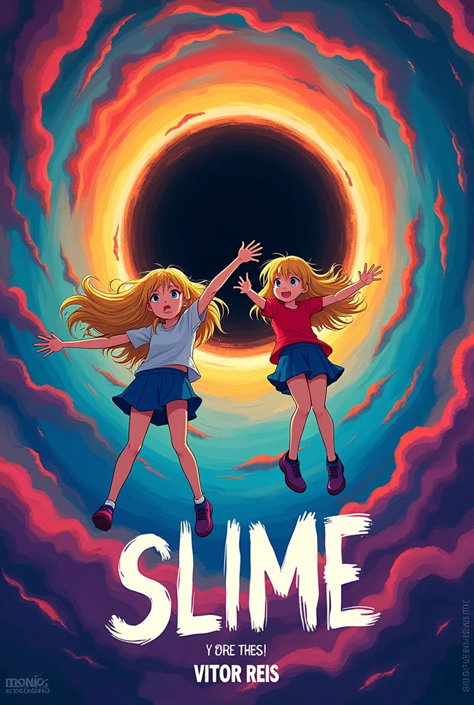 a book cover with the title slime the theory in Portuguese, colorful and creative drawings of two blonde and Japanese girls falling into a colorful black hole . with the name of the author Vitor Reis and subtitle discover this adventure on the cover