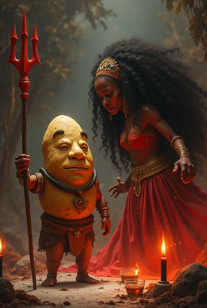 Create an image of a small potato macumba warrior holding in one hand the shield of Exu&#39;s trident and in the other hand the Trident of Exu. And the colors of red and black and a little palm oil and black candles. And a glass of cachaça.  2- In the image there is a sixth with a little blonde child. 3- This potato is fighting with a girl dressed as a pombogira over the child 