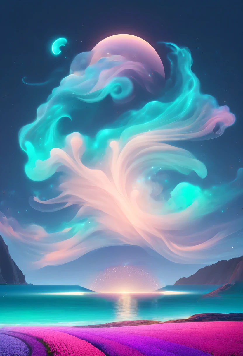 turquoise sky with pink and purple, Vibrant, leve, Pastel tones