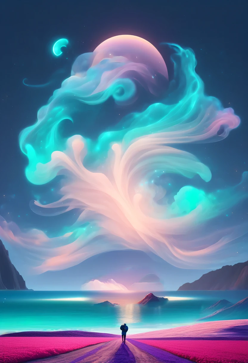turquoise sky with pink and purple, Vibrant, leve, Pastel tones