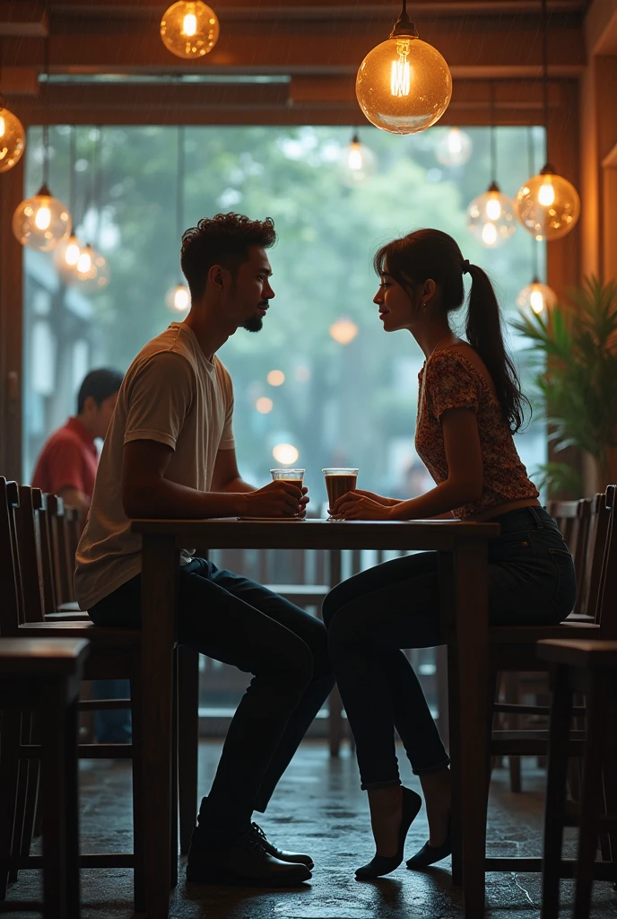 A boy age 40 Malaysian wear jeans and t-shirt dusky skin and he came to a coffee shop and there was a girl age 40 chubby Malaysian looks very modern she wears western dress looks very beautiful and active both of them were accidentally collided inside a coffee shop with full crowd and outside the weather was cloudy and drizzling
