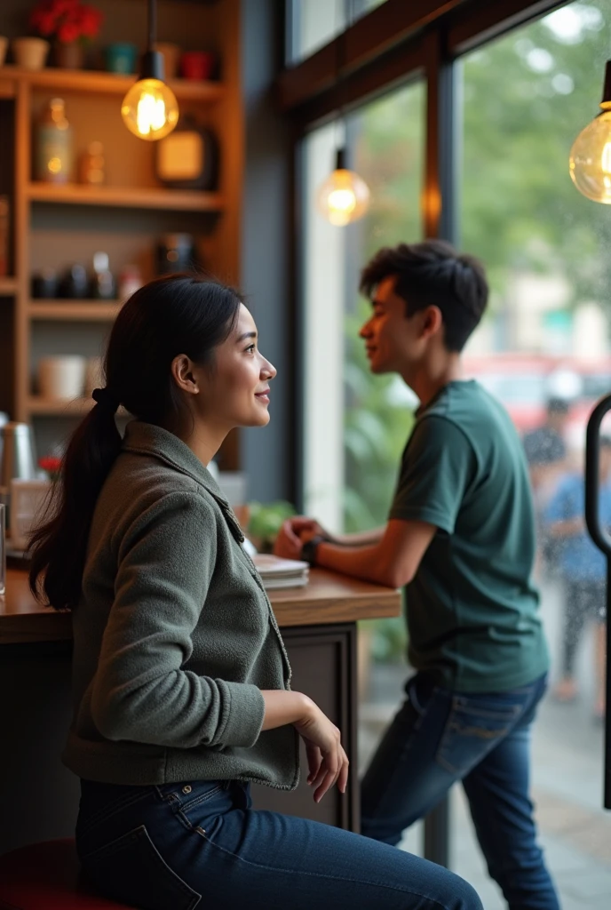A boy age 40 Malaysian wear jeans and t-shirt dusky skin and he came to a coffee shop and there was a girl age 40 chubby Malaysian looks very modern she wears western dress looks very beautiful and active both of them were accidentally collided inside a coffee shop with full crowd and outside the weather was cloudy and drizzling