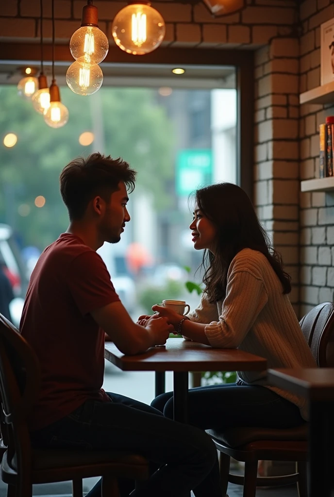 A boy age 40 Malaysian wear jeans and t-shirt dusky skin and he came to a coffee shop and there was a girl age 40 chubby Malaysian looks very modern she wears western dress looks very beautiful and active both of them were accidentally collided inside a coffee shop with full crowd and outside the weather was cloudy and drizzling