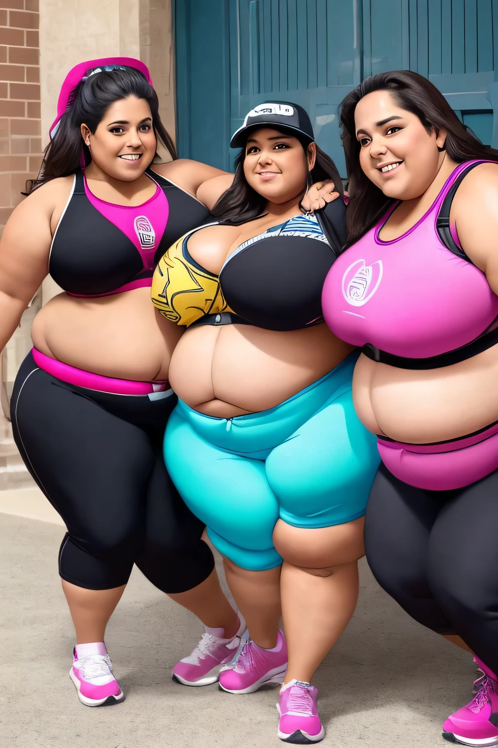 four extremely fat old latino women hugging, huge bust, 300 pounds, black pants, large stomach, lovehandles, smiling, bbw, plus size woman, wearing baseball cap, belt, massive and gigantic belly, hand on stomach, lying down, text on stomach, holding backpack, wearing backpack, wearing bra, swimsuit, bra