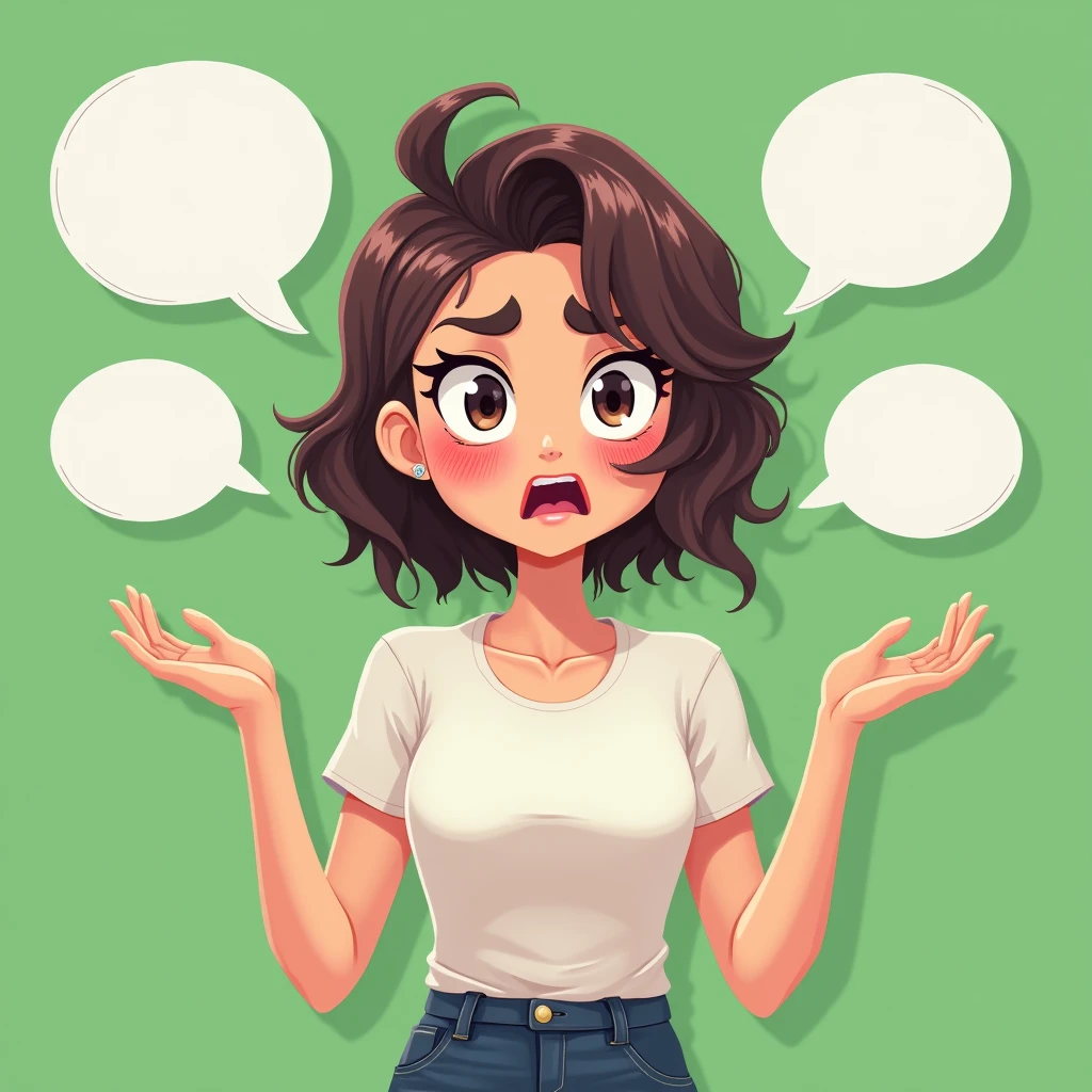 The character is a chatty girl with a tendency to complain, often portrayed with a pouty and judgmental expression. Her eyes are slightly squinted with downturned brows, giving her a sassy look. Her mouth is often in a frown or mid-complain, with speech bubbles suggesting her grievances. Her hair is styled in a slightly messy fashion, emphasizing her discontent or frustration. The plain green background serves to highlight her character, drawing attention entirely to her expressive and somewhat irritable demeanor.