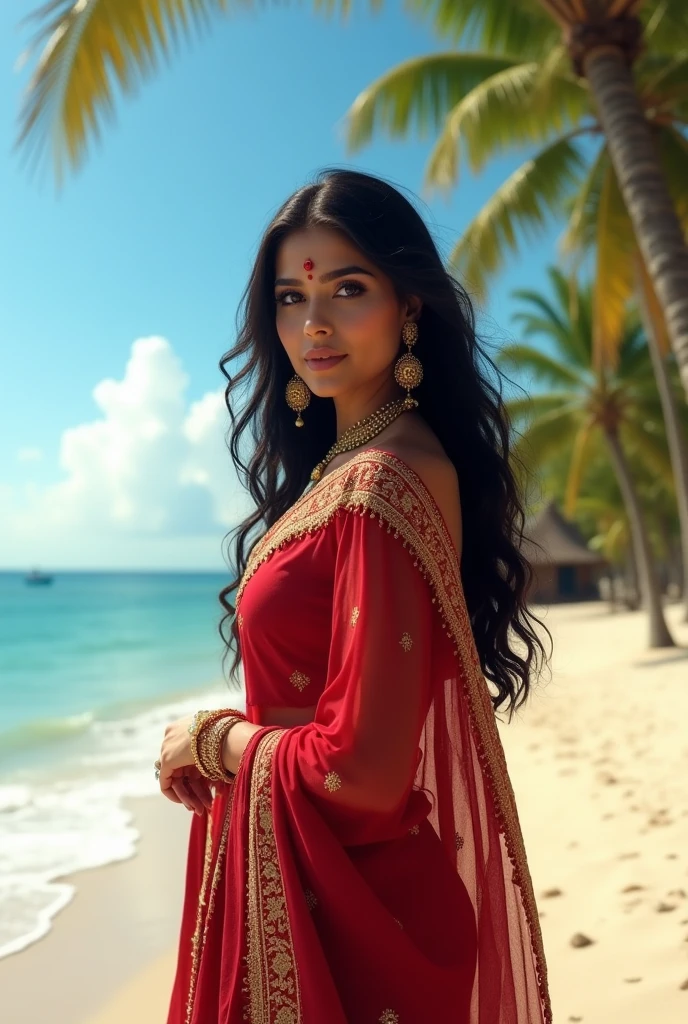 A beautiful Indian woman standing on a beach. She has long, wavy dark hair , big booms and is wearing a red sari with golden borders. She has a red bindi on her forehead and is wearing traditional gold earrings. The background features a serene beach with gentle waves, palm trees, and a clear sky. 