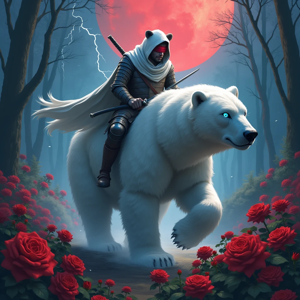 Godlike, in it a male knight with a white hood with bear ears and a katana at his back is riding a polar bear in a forest while the moon shines, many Roses cover the ground and lightning falls from the sky. Only the man wears a red blindfold. The polar bear has shining blue eyes. In the background of the picture is the blood moon.