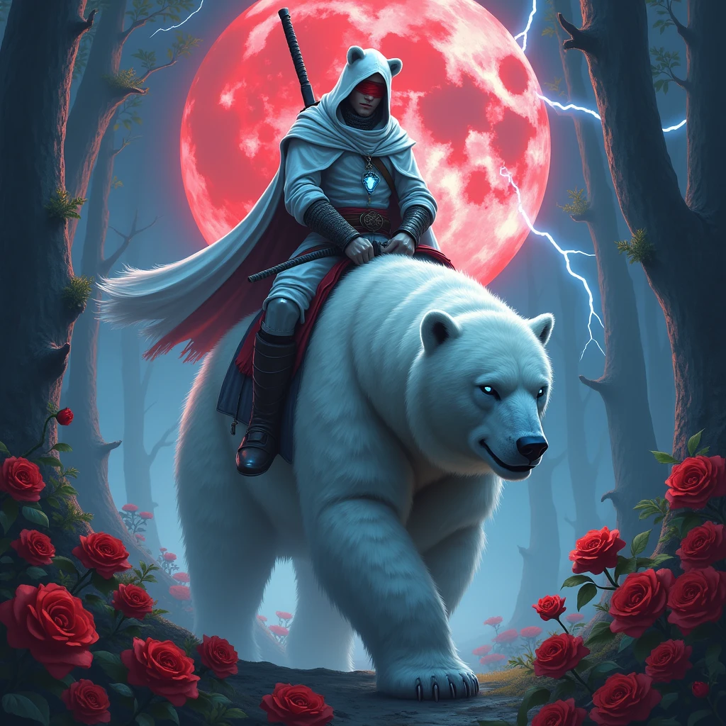 Godlike, in it a male knight with a white hood with bear ears and a katana at his back is riding a polar bear in a forest while the moon shines, many Roses cover the ground and lightning falls from the sky. Only the man wears a red blindfold. The polar bear has shining blue eyes. In the background of the picture is the blood moon.