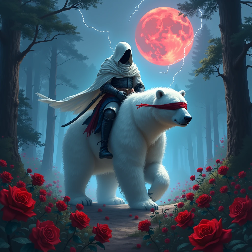 Godlike, in it a male knight with a white hood with bear ears and a katana at his back is riding a polar bear in a forest while the moon shines, many Roses cover the ground and lightning falls from the sky. Only the man wears a red blindfold. The polar bear has shining blue eyes. In the background of the picture is the blood moon.