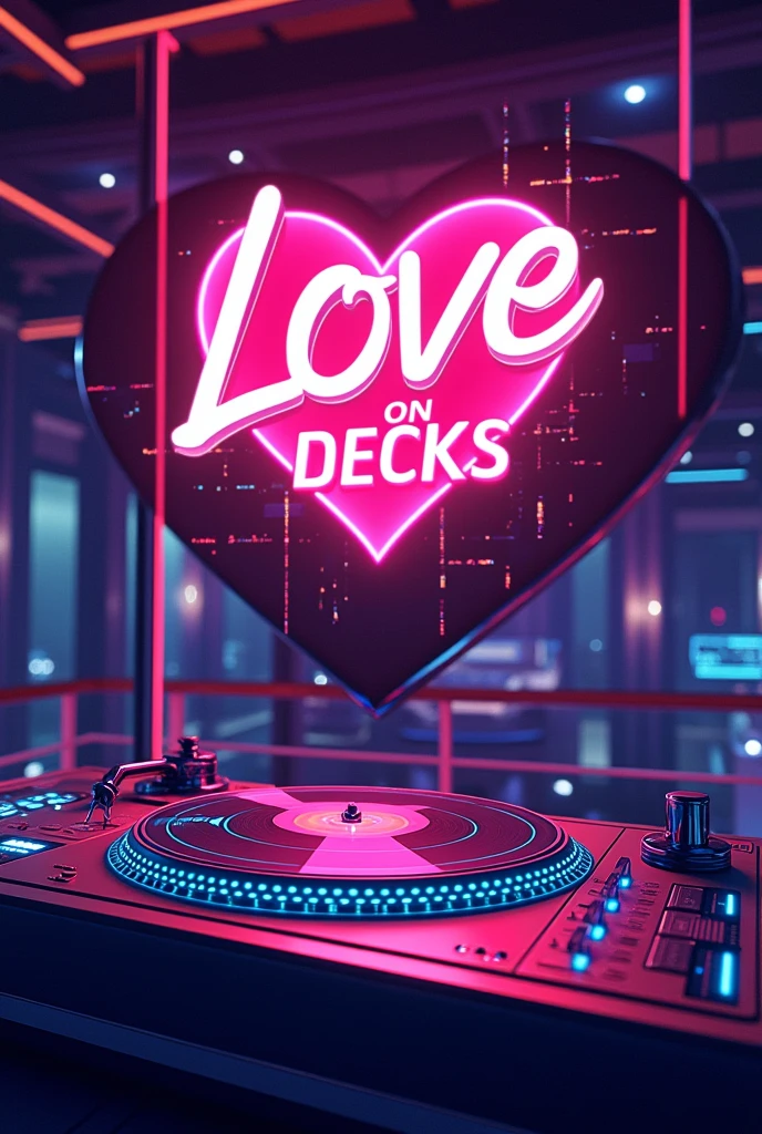 I need an 80s themed Artwork as a poster without people for a Club event which is called LOVE ON DECKS, the name is a pun including the cruise ship and the DJ turn tables. The logo of the party LOVE ON DECKS hast to be visible with an heart instead of an o