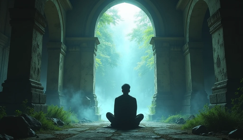 (ultra detailed), place: Ancient ruins video: The protagonist sits down in ancient ruins。A mysterious light shines into the ruins.、Fantastic atmosphere。