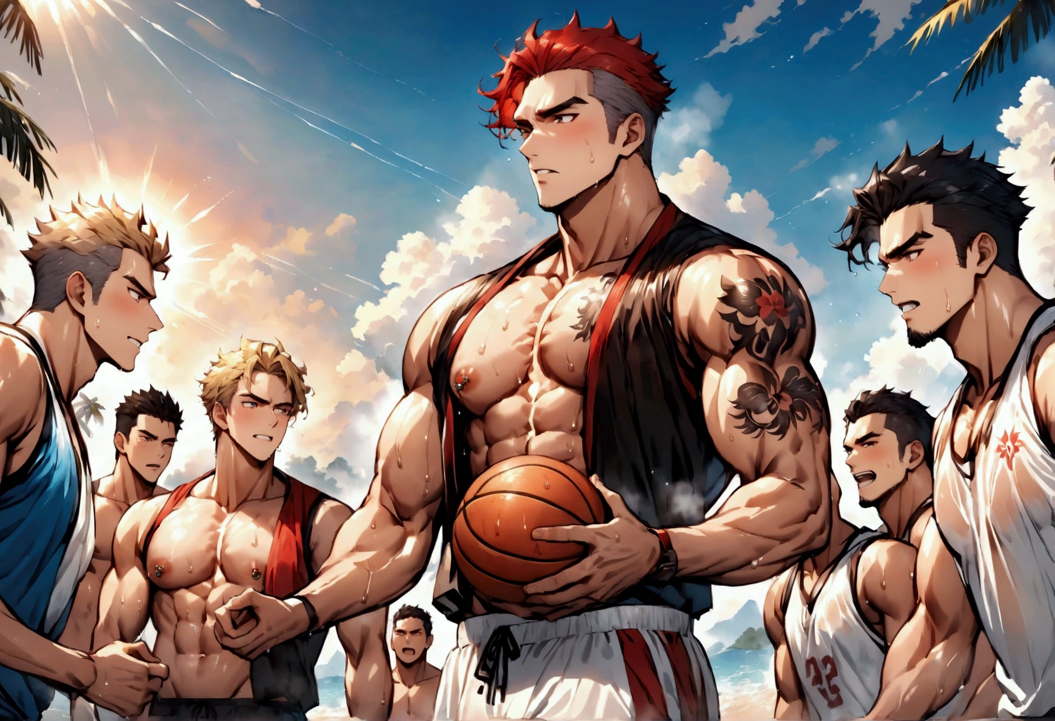 Highest quality、(muscular male:1.5)、(father:0.5)、4boys、Short Hair、Sports haircut、short hair、Blonde、Gray Hair、Black Hair、Red hair、Having fun playing basketball、Midsummer、nipple piercing、tattoo on chest、(sweat:1.3)、steam