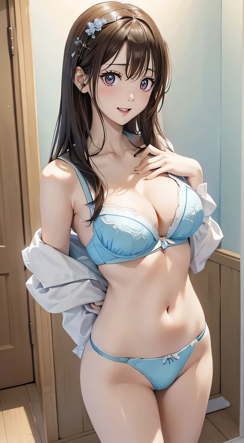 young woman with long dark hair, (Ample breasts)、((my hands are tied behind my back))、slender、(Light blue bra and panties)、(simple)、Charm、Emphasize the chest、lure