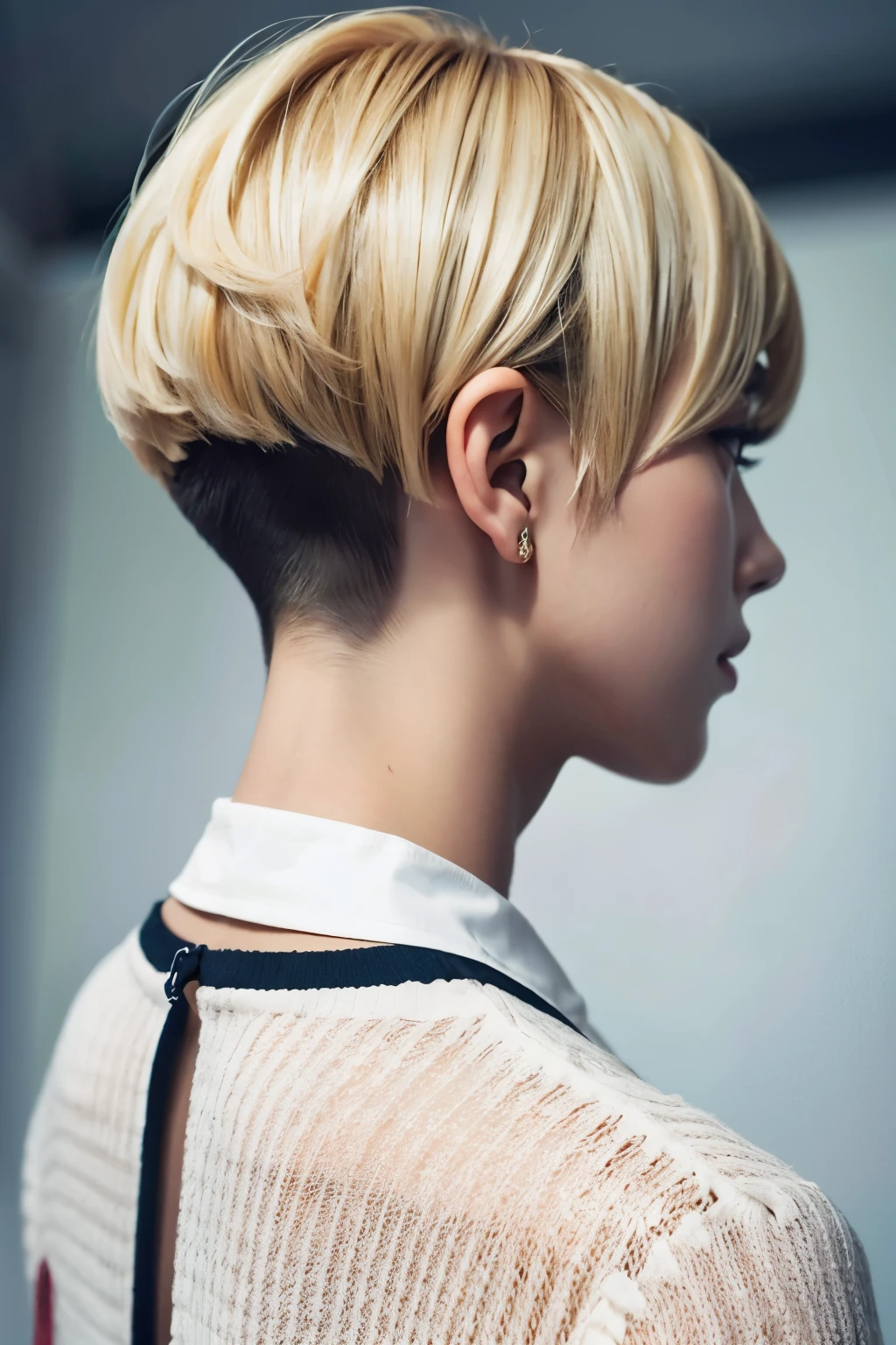One girl,Undercut Hair, Short cut, Character portrait, High resolution, bionde, Handsome Short, Short cut nape,Short nape,Back view, 