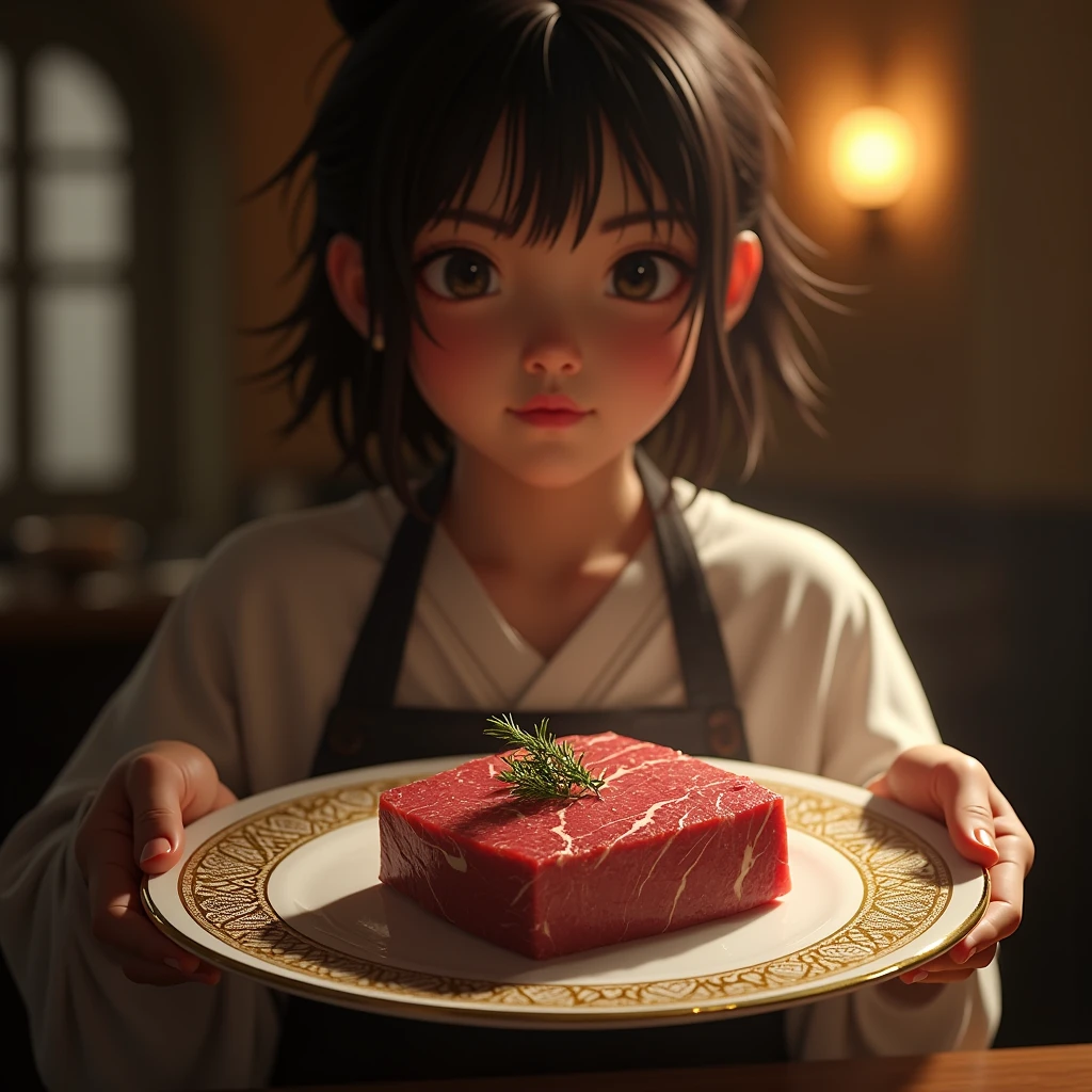 Background Gothic_cathedral bar_counter, (masterpiece photo_real octane-render):1.3, (a girl holding Top quality as a hybrid beef on white porcelain platter ebru marbled batik gold pattern:1.21), SIGMA 85 mm F/1.4, golden hour, ice photography, double exposure prism,BREAK,Tosa Akaushi, which is both delicious and juicy, not only serves yakiniku and steaks that are simply seasoned with salt, but also roast beef that takes advantage of the flavor of the lean thigh meat. It has just the right amount of fat, so it doesn't get dry when simmered, making it a highly valued ingredient for French and Italian cuisine.It also doesn't become sticky even when cold, making it highly valued as an ingredient in Japanese cuisine. (roast and hot steam):1.46,ethereal lighting,, (dim light, ray tracing, Faintly emerge from the darkness):1.3, 