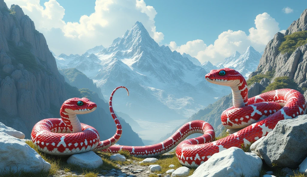 There is white jade ore on the mountain,There are also pit vipers with red and white rings on their bodies(best quality,4K,8k,High level,masterpiece:1.2),Ultra Detailed,(lifelike,Photo real,Photo real:1.37)