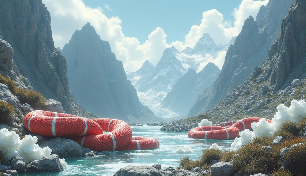 There is white jade ore on the mountain,There are also pit vipers with red and white rings on their bodies(best quality,4K,8k,High level,masterpiece:1.2),Ultra Detailed,(lifelike,Photo real,Photo real:1.37)