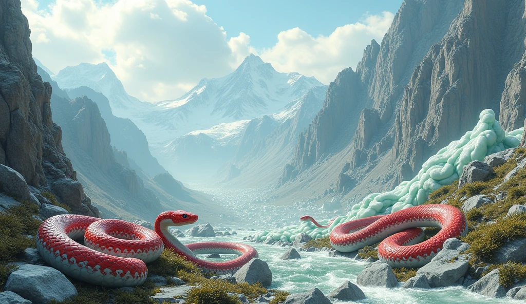 There is white jade ore on the mountain,There are also pit vipers with red and white rings on their bodies(best quality,4K,8k,High level,masterpiece:1.2),Ultra Detailed,(lifelike,Photo real,Photo real:1.37)
